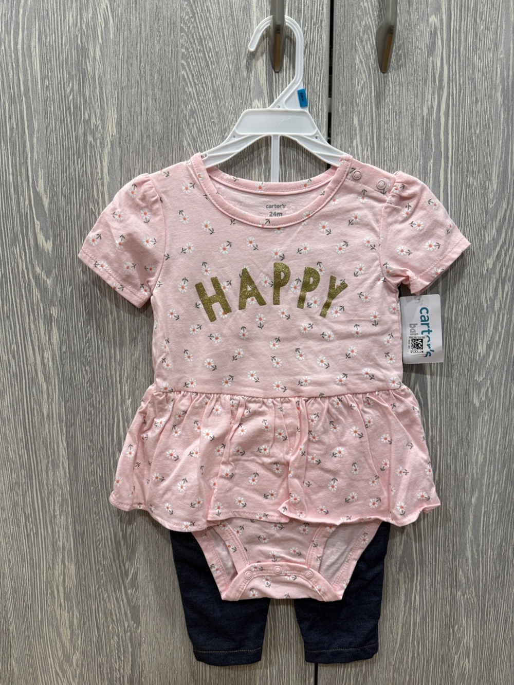 NWT - Carter's Pink 'Happy' Peplum Bodysuit with Navy Leggings (2pcs Set)
